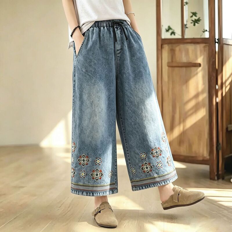 Plus-Size Women's Embroidered Denim Pants with Drape Effect, 2026 Summer New Casual Ethnic Style Wide-Leg Pants Plus-Size Women's Embroidered Denim Pants with Drape Effect, 2026 Summer New Casual Ethnic Style Wide-Leg Pants