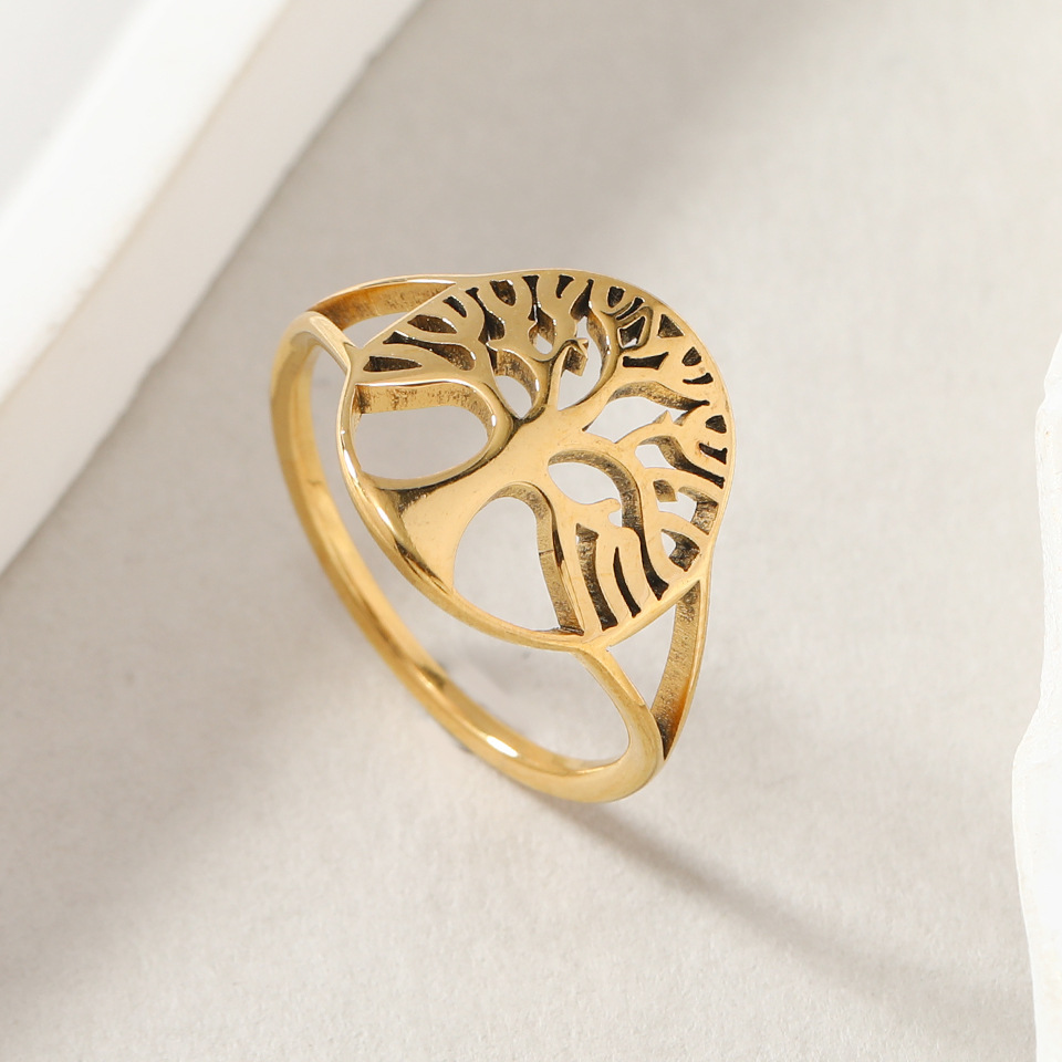 Suministro transfronterizo europeo y americano anillo de acero de titanio personalidad creativa hueco vida árbol pareja anillo de moda joyería fábrica image 4