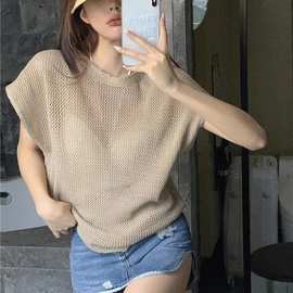 夏季薄款镂空针织衫女2024新款宽松显瘦蝙蝠衫套头外搭短袖上衣潮