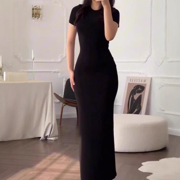 European and American Style Figure-Showing Long Skirt for Women in Summer, Slim and Sexy Elegant, Pure Lust, Round Neck, Short-Sleeved, Long Women's Dress