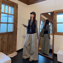 时尚韩系长袖针织衫叠穿挂脖背心女秋季显瘦百搭工装休闲裤三件套