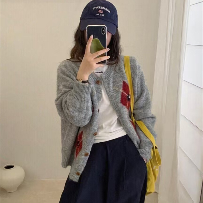 韩系毛衣外套复古刺绣花朵2025秋冬季美式宽松百搭毛衣针织开衫女|undefined