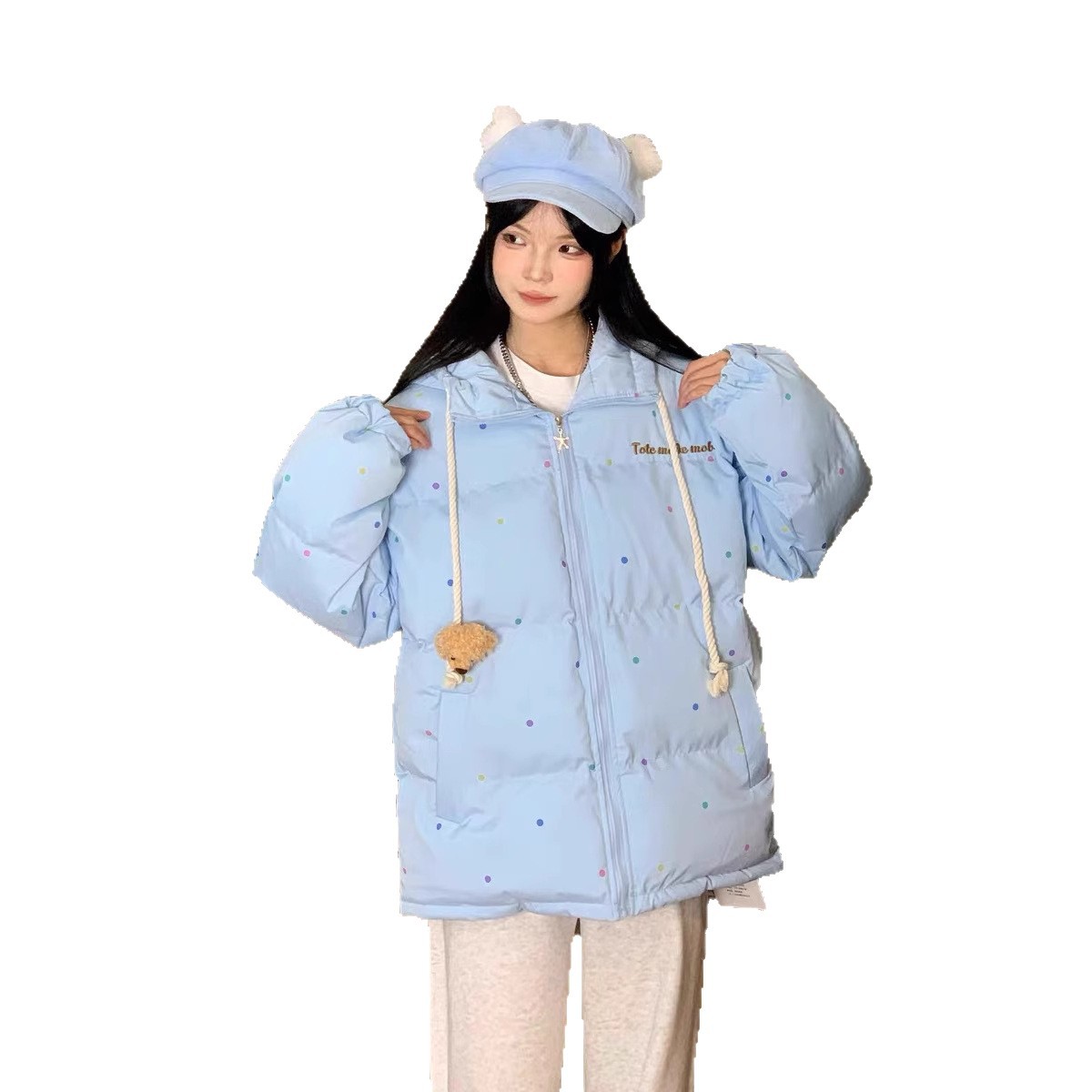 Bonito oso ondulado punto chaqueta de algodón encapuchado hembra 2024 invierno nuevo tipo grueso cálido pequeño chaqueta de algodón suelta