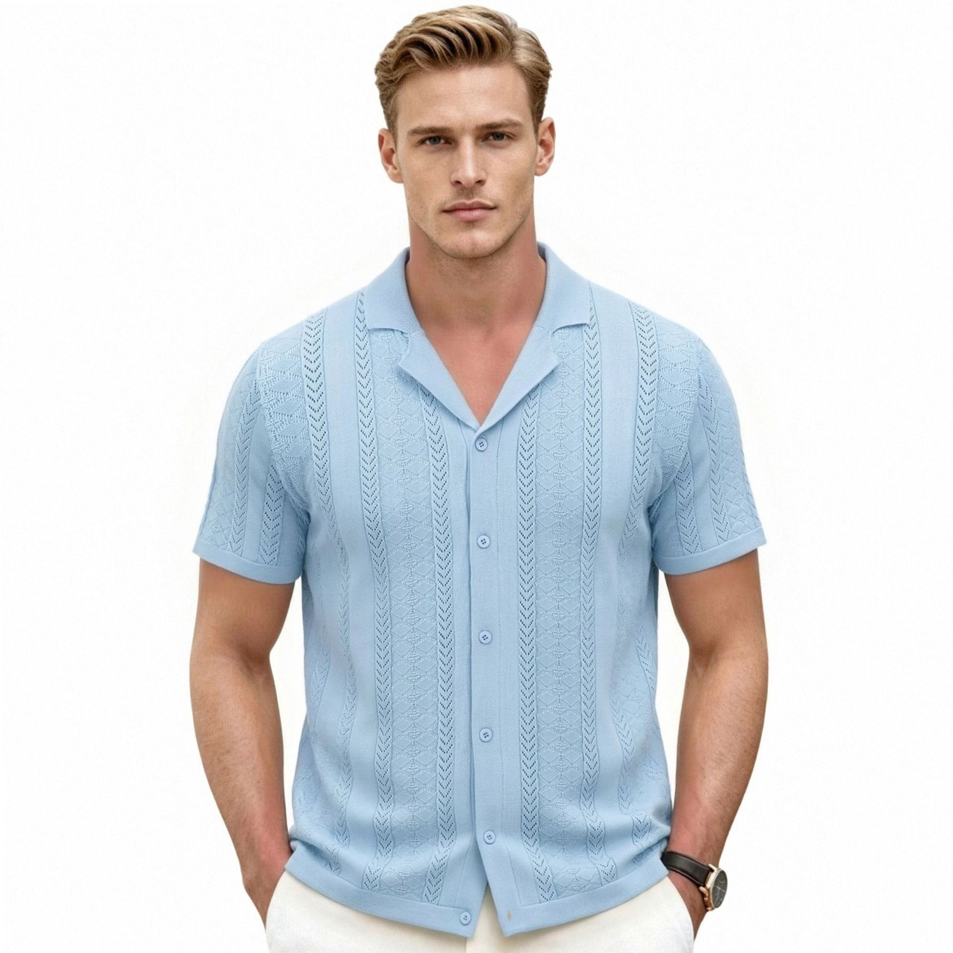Camisa de Punto con Cuello Cubano para Hombre Modelo SJ0194 de Viscosa Transpirable para Verano image 7