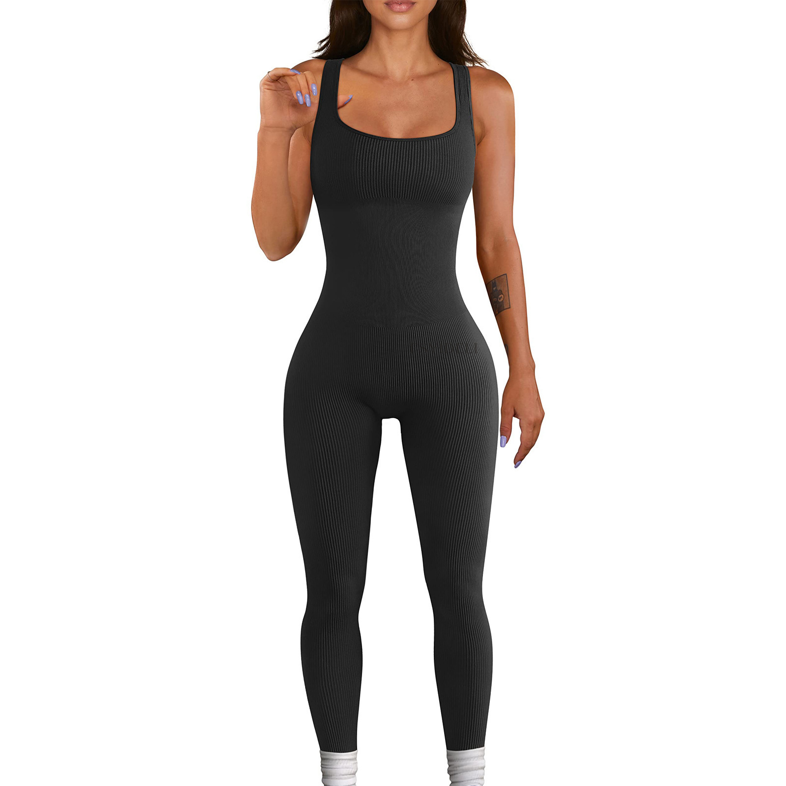 Women's Tight Jumpsuit Sexy Square Neck Solid Colour Hip Lifting_voghion.com