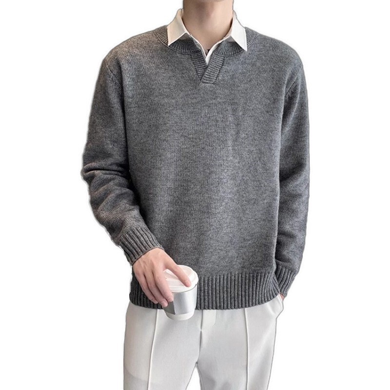 Heavy 480G self-heating sweater boys spring and autumn new gray trend Joker loose long sleeve casual outerwear men