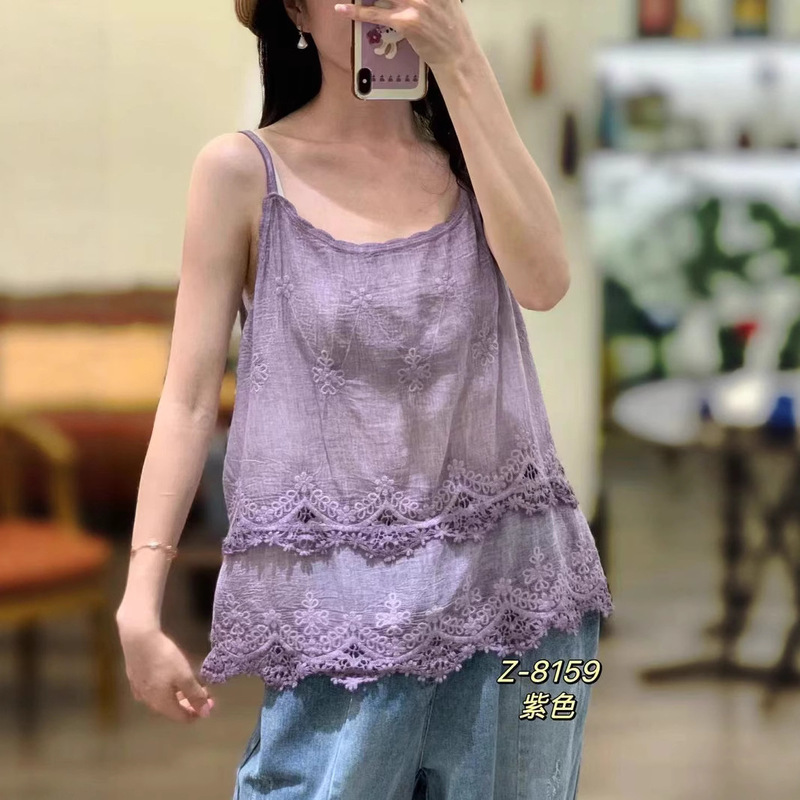 2025 New Pure Cotton Artistic Embroidered Lace Sleeveless Vest Retro Artistic Pullover Women's Elegant Base Shirt 2025 New Pure Cotton Artistic Embroidered Lace Sleeveless Vest Retro Artistic Pullover Women's Elegant Base Shirt