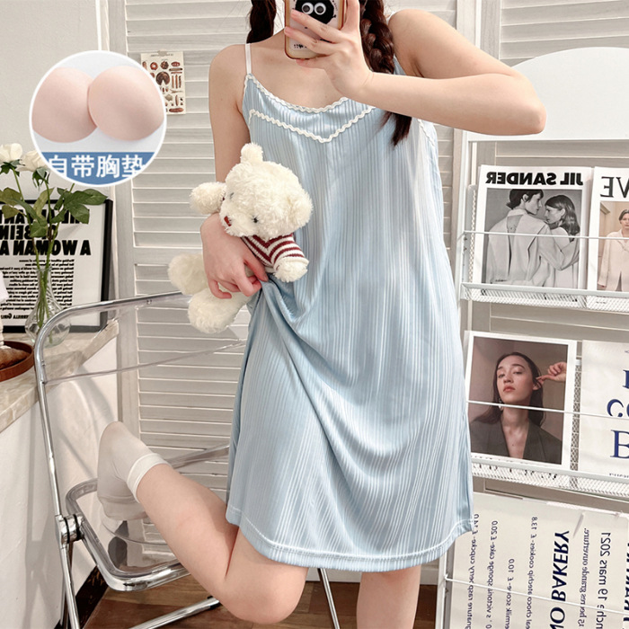 Pijamas de verano falda de Liga de las mujeres con almohadilla en el pecho lindo estudiante ins dulce delgado vestido de longitud media homewear
