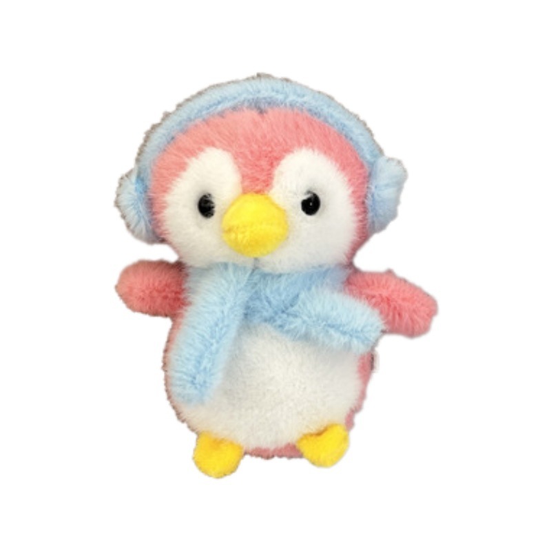 かわいい萌えイヤホンをつけたペンギンのぬいぐるみのキーホルダーは、4インチの子供をつかむ人形の人形を持っています|undefined