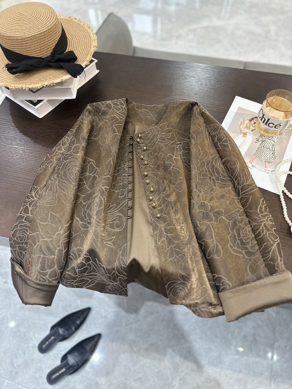 双色山茶花烫金工艺复古大气优雅中国风圆领盘扣宽松秋季外套上衣|undefined