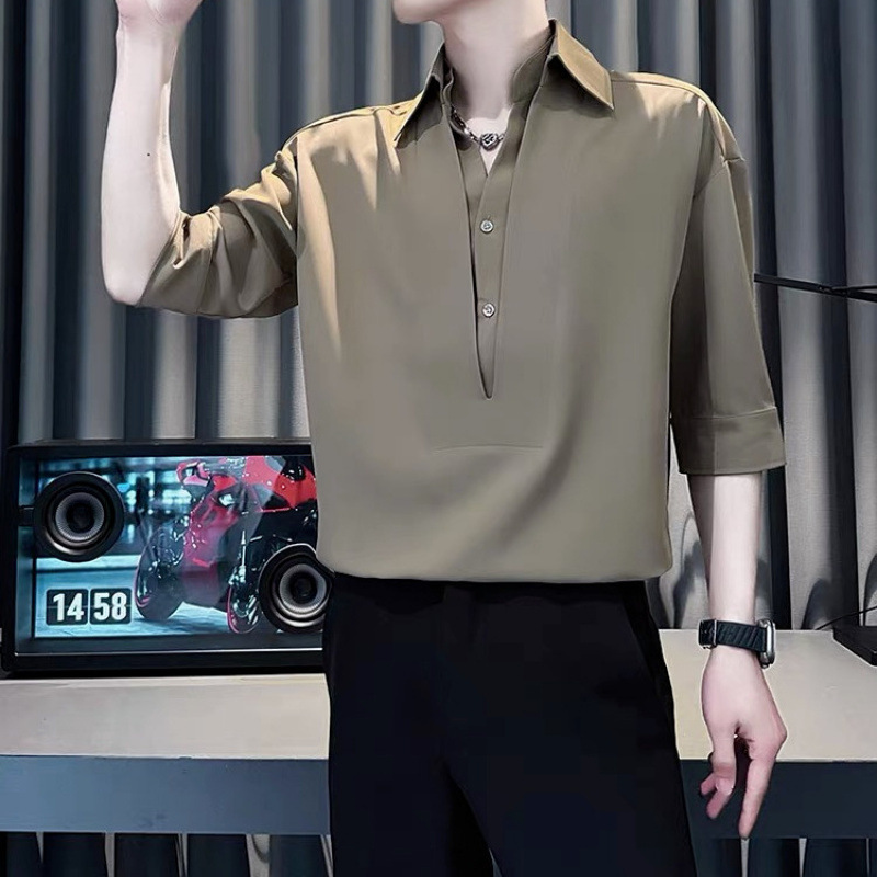 V-Neck Polo Shirt Men's Summer Ice-Feel Short-Sleeved T-Shirt Men's 2025 New Style Handsome Three-Quarter Sleeve Shirt Trendy