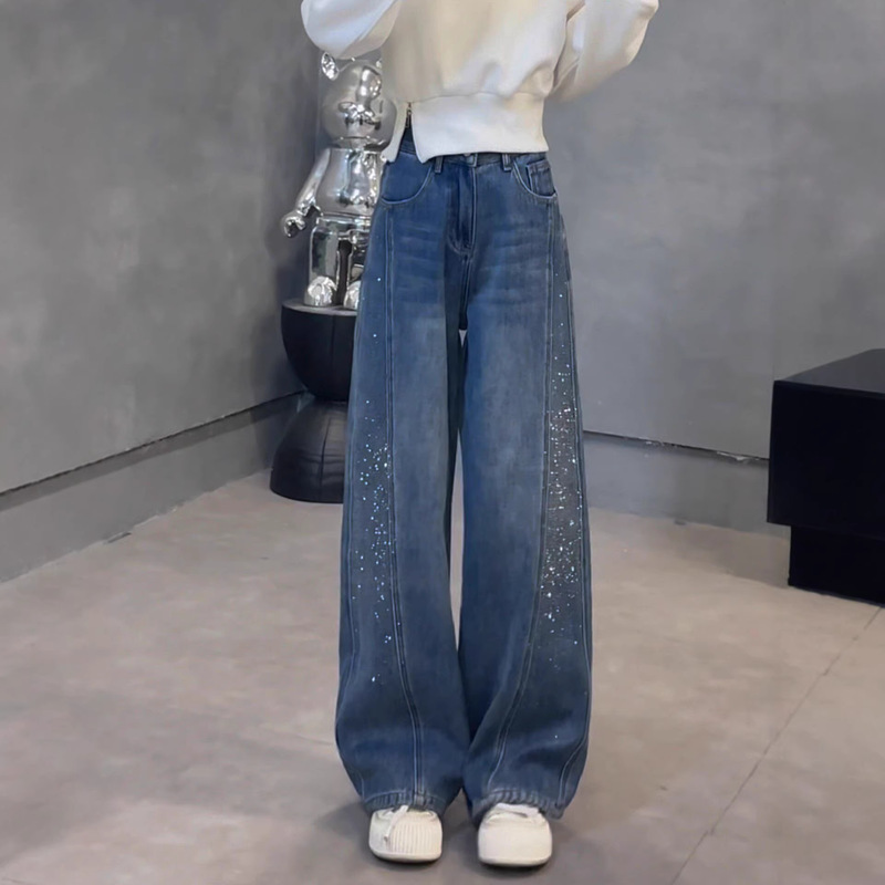 Summer Retro Versatile Heavy-Duty Rhinestone Wide-Leg Women's Jeans 2026 Spring New Loose Fleece-Lined Straight Pants