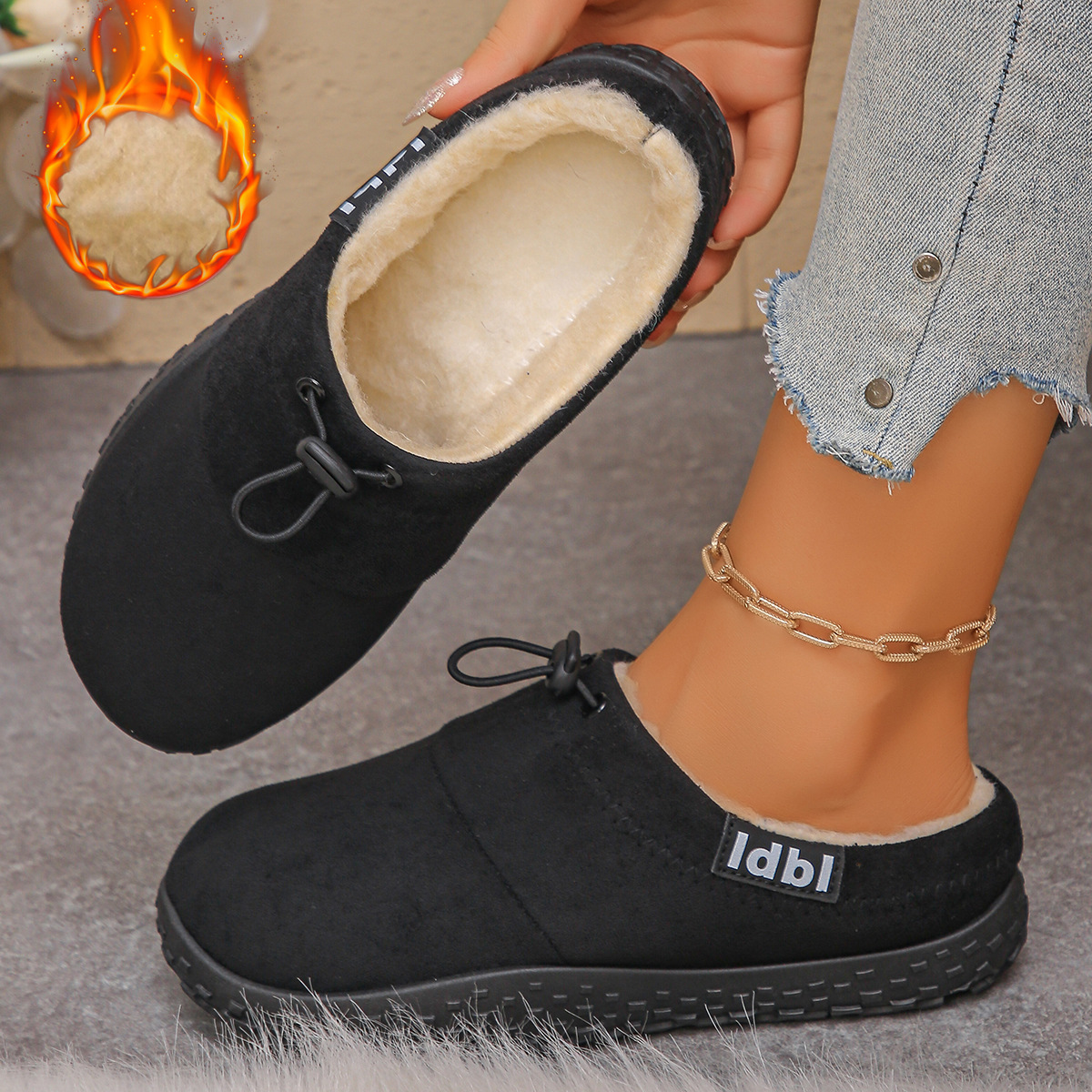 Cross-Border Fleece-Lined Birkenstock-Style Women's Slip-On Mules 2026 Autumn/Winter New Cute and Versatile Slip-On Commuter Shoes for Women