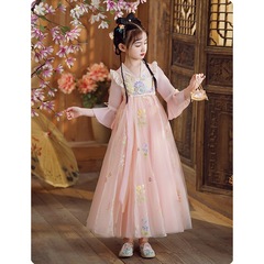 女の子用漢服ロングワンピース ピンク 子供用古風衣装 2025年新作 中国風唐装 春 レース
