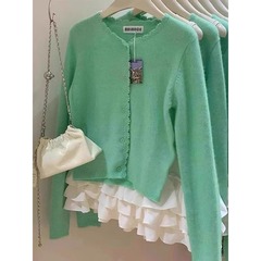 高级感绿色花边针织开衫女早秋季外搭上衣宽松慵懒马海毛毛衣外套
