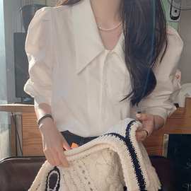韩国chic2024春夏法式泡泡袖甜美内搭打底白衬衣白色尖领衬衫女