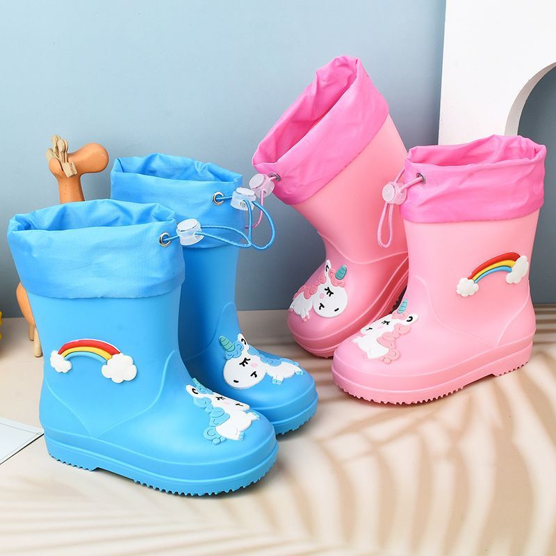 Children's Rain Boots for Boys and Girls Fleece-Lined Non-Slip Water Shoes for All Seasons Cartoon Cute Princess Baby Rain Boots Girdle Rain Boots