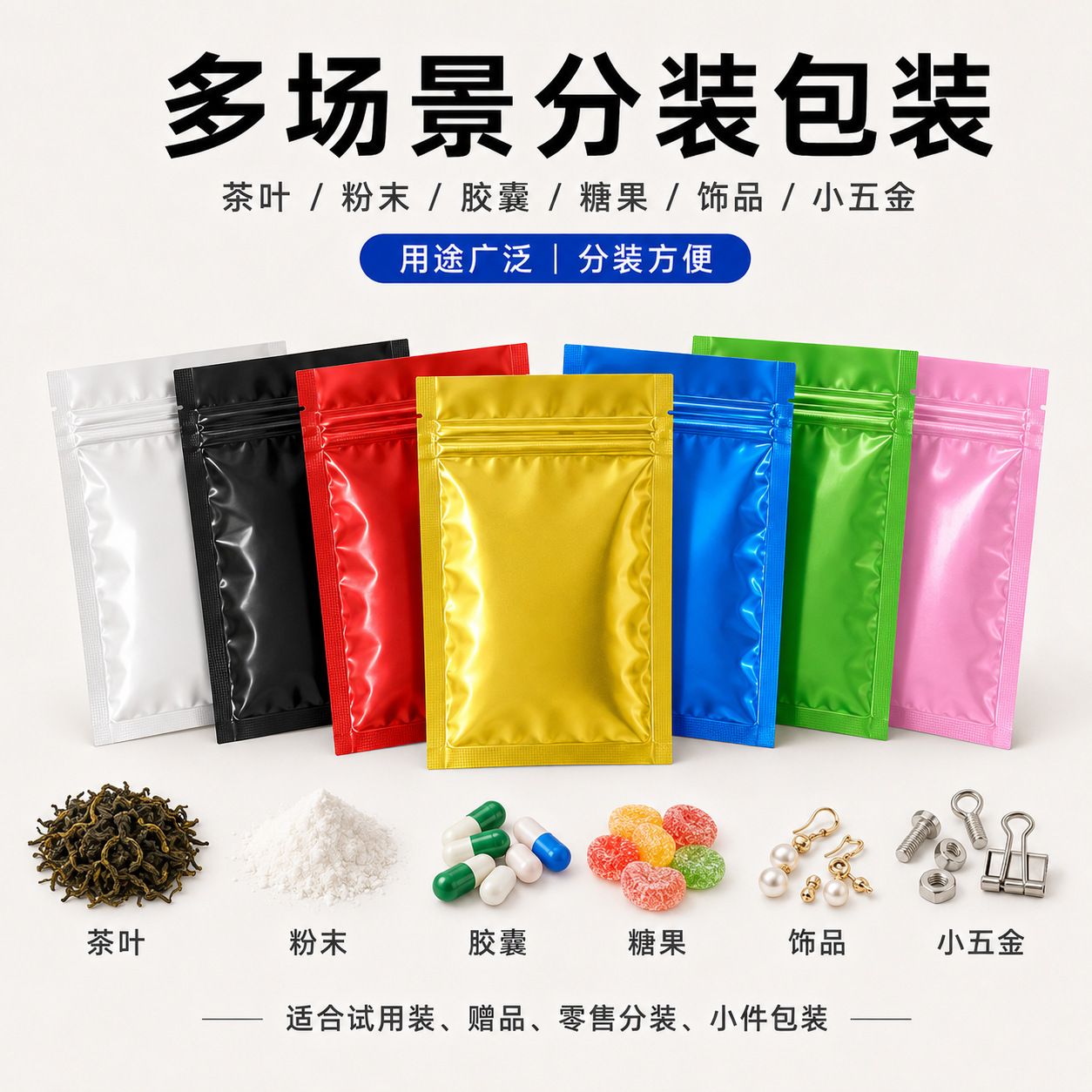 Bolsa ziplock de papel de aluminio de color brillante de doble cara bolsa de muestra aluminizada bolsa de embalaje de alimentos cosméticos en polvo