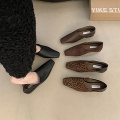 法式低跟尖头豹纹踩脚单鞋女鞋子2025春秋晚晚风气质配裙子穆勒鞋