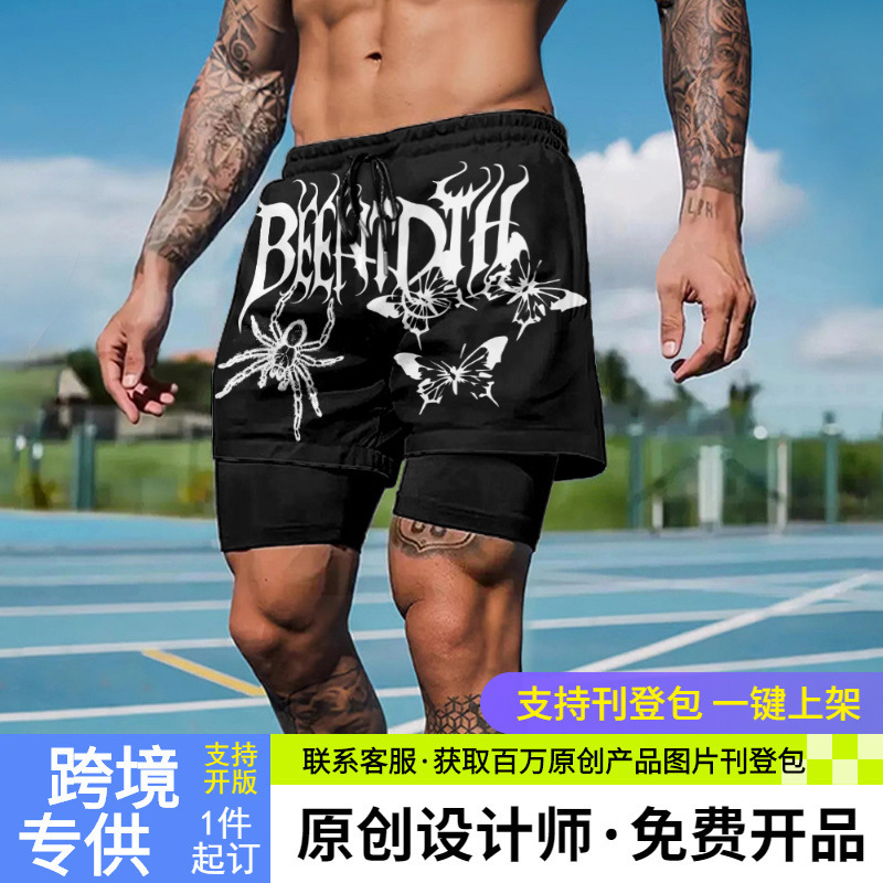 Trendy Printed American-Style Sports Shorts for Men, Quick-Drying for Fitness and Running, Double-Layered Fake Two-Piece Basketball Training Shorts with Lining