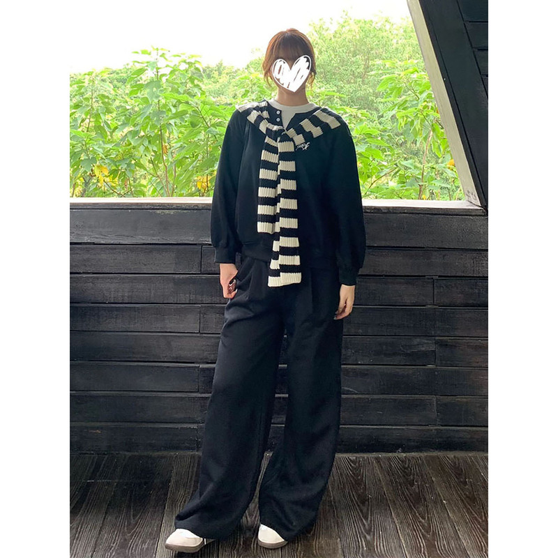 2025韩版学院风条纹披肩黑色运动卫衣休闲裤长裤三件套女早秋穿搭|undefined