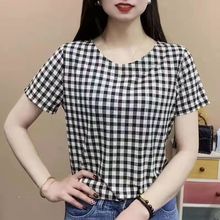 妈妈夏季小清新复古格子洋气上衣时尚中老年高贵显瘦女士恤短袖