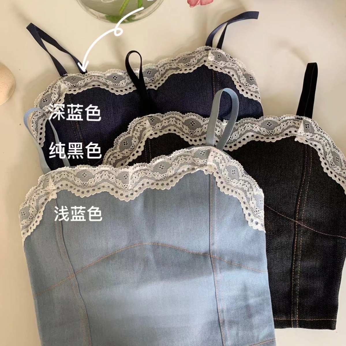 Design lace retro denim tank top
