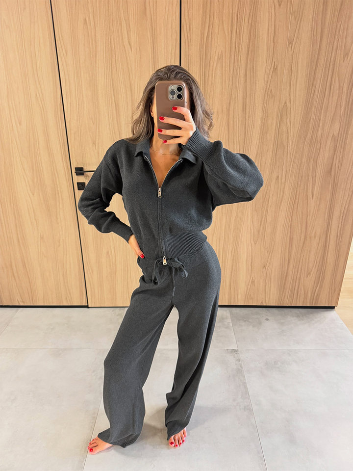 Bộ đôi áo cardigan len cổ polo dáng ngắn khóa kéo và quần dài dệt kim dây rút phong cách Âu Mỹ — Màu be, Màu nâu, màu xám, màu đen chi tiết 8