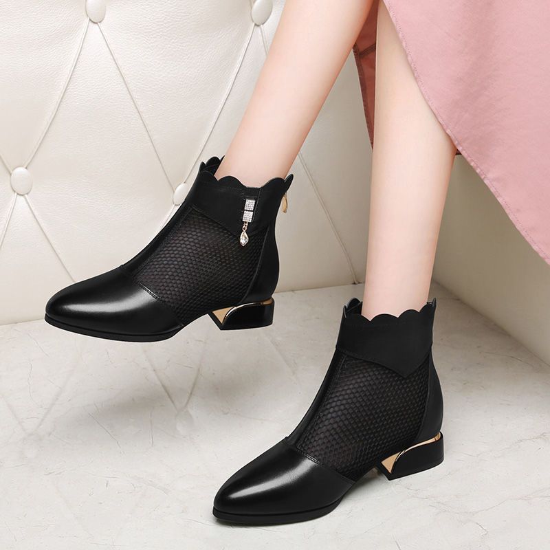 Botas de malla de cuero suave 2026 nueva primavera y verano transpirable tacones bajos suaves antideslizantes sandalias de tacones gruesos para mujeres