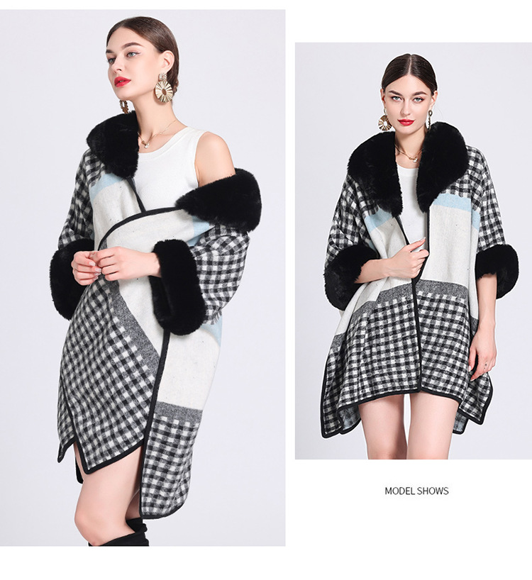 Mantella a quadri con colletto in lana, cardigan lavorato a maglia jacquard largo, cappotto di lana di grandi dimensioni per donna_voghion.com