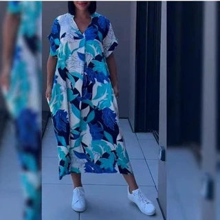 欧美亚马逊跨境女装短袖新款V 领简约印花休闲裙子宽松连衣裙口袋