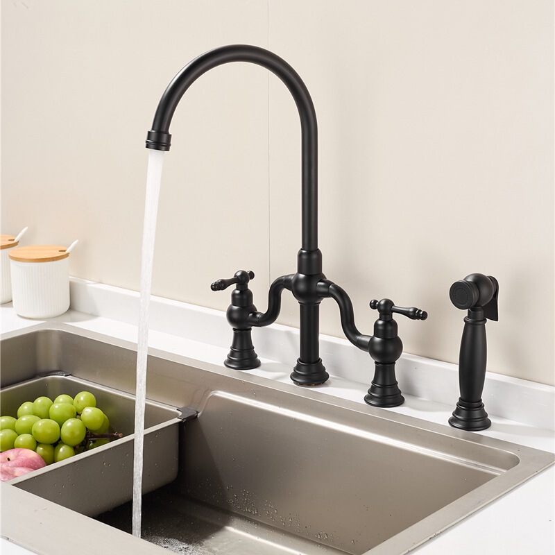 All-Copper American-Style Retro Double-Handle Bridge Hot and Cold Faucet Kitchen Ceramic Sink with Spray Gun Set Faucet