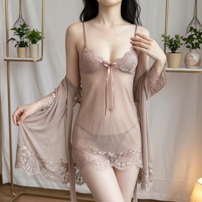 European and American Style Sexy Lingerie for Women, Plus Size Three-Piece Set, Sexy Lace Trim Sheer Pure Desire Slip Dress Set Wholesale