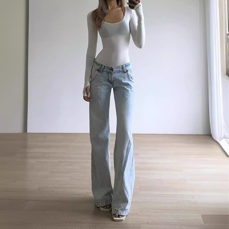 2024 Cross-border American Retro High Street Jeans Washed light blue Design Sense Straight Pants Loose Pants