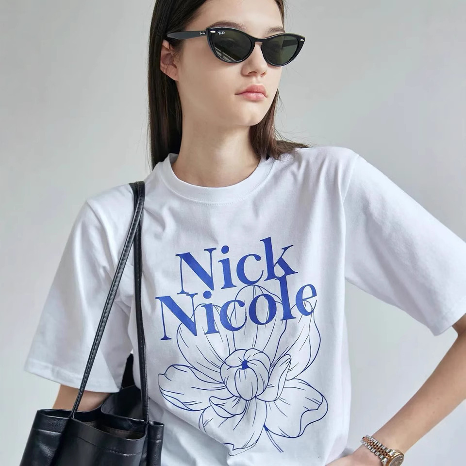 韩国小众潮牌NICKNICOLE花卉短袖t恤宽松正肩文佳瑛同款上衣女夏