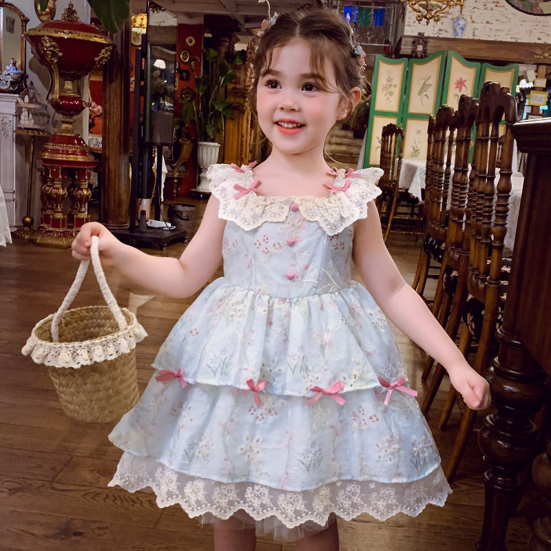 Girls' summer dress new style children's fluffy stylish princess dress little girl's holiday strap floral dress