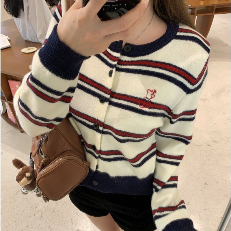 韩系撞色条纹长袖针织衫女秋季时尚慵懒小个子圆领显瘦毛衣开衫潮|undefined