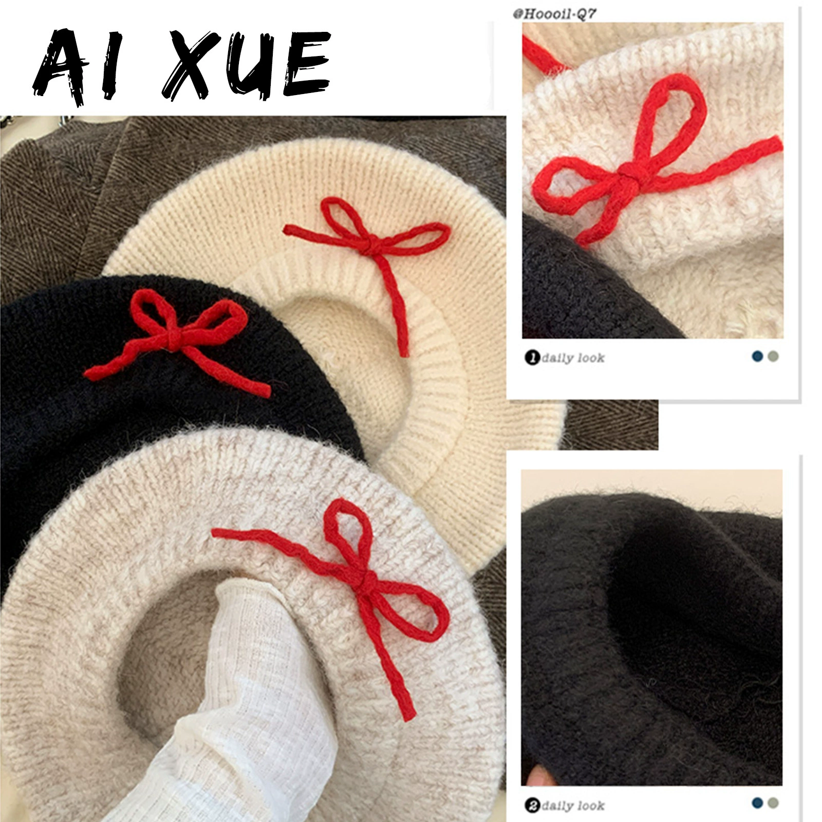 Woolen knitted demi-season keep warm beret with bow, hat, Korean style