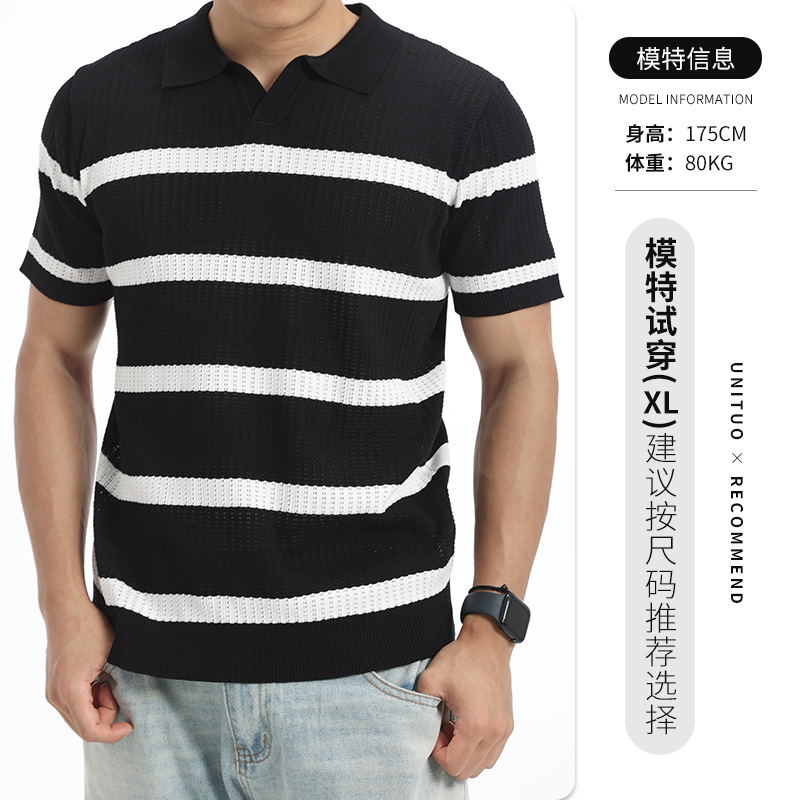 Verano hombre hueco rayas de cuello V jersey polo seda transpirable mangas cortas de negocios casuales superior