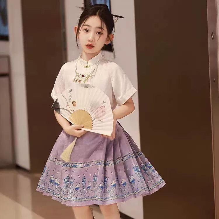 Детская юбка, короткий ханфу, комплект, тонкое платье