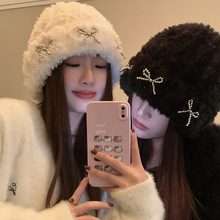 毛绒保暖diy蝴蝶结毛线帽冬季女软糯加厚保暖针织帽加绒护耳冷帽