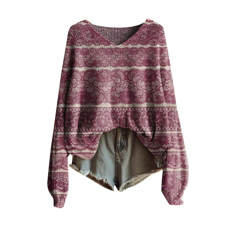 Wq-Vl01-V-Neck Pullover Sweater with 3D Print and Long Sleeves, a Popular Amazon Cross-Border Bestseller for Women