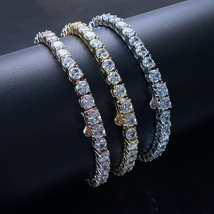 Cross-Border Supply Spring Buckle Tennis Chain Copper Plated 18K Gold Zircon Bracelet Set with Diamonds Hip-Hop Men's Jewelry Manufacturer Wholesale