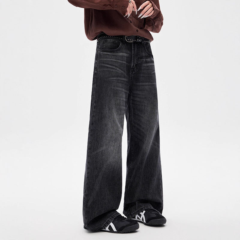 Men's Clothing Whiskered Denim Jeans American Style Straight Leg Retro Loose Fit Wide Leg Washed Black Trousers For Men And Women_mkmklike.com