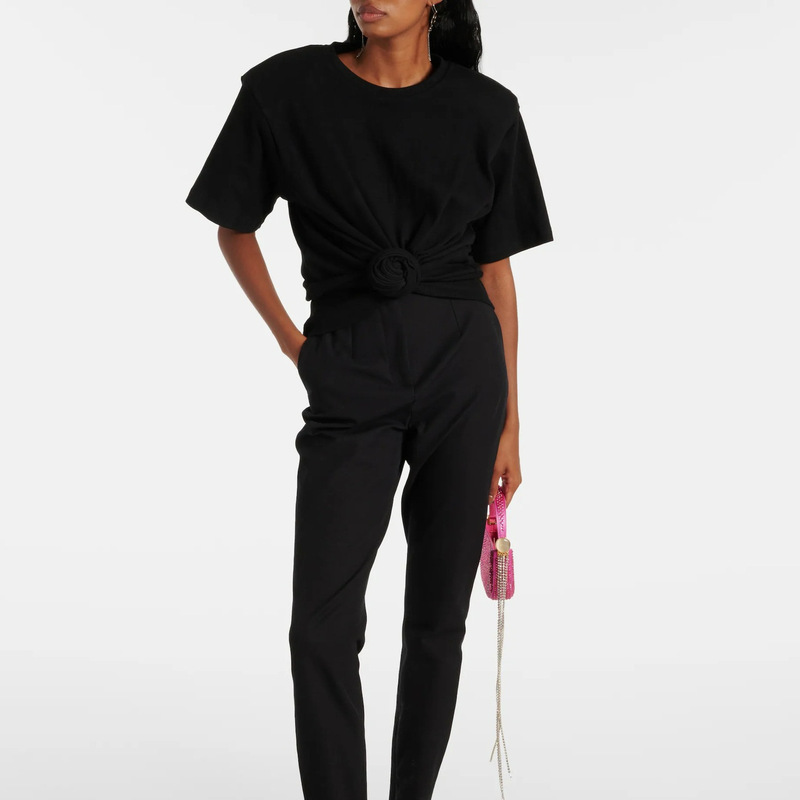 European and American High-End Women's Dopamine-Style Twisted Waist-Cinching, Shoulder-Accentuating, Slim-Fit Casual Short-Sleeve Padded Shoulder T-Shirt Top for Women