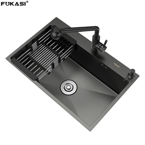 Black Nano Stainless Steel Kitchen Sink, Single-Bowl Vegetable Washing Basin, Thickened Dishwashing Sink, Large Single-Compartment Handmade Basin, Vegetable Washing Sink