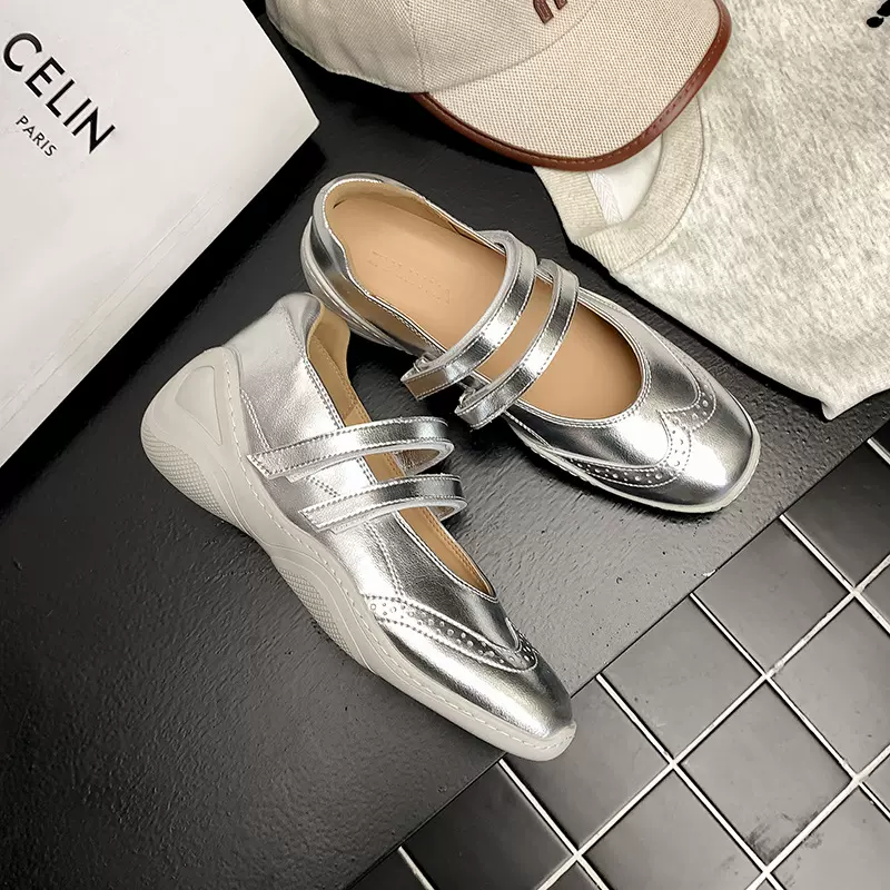 小个子内增高银色玛丽珍单鞋女2025春季新款休闲运动平底芭蕾舞鞋