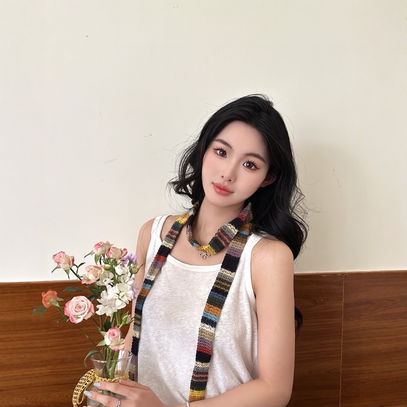 个性小彩虹细窄长条小众围巾女设计感y2k毛绒围脖春夏搭配条纹围|undefined