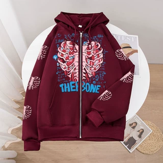 2024新款The bone印花开衫卫衣欧美女士休闲连帽衫秋冬外套hoodie