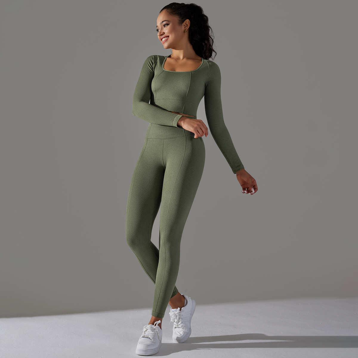 Rochie de yoga Jacquard pentru femei, cu mânecă lungă, talie înaltă, colanți de șold, îmbrăcăminte sport pentru fitness_voghion.com